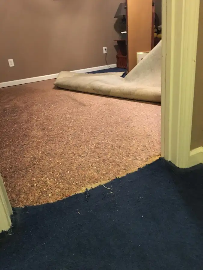 Carpet pad removal revealing water damage during Water Mitigation Services in Jonesboro